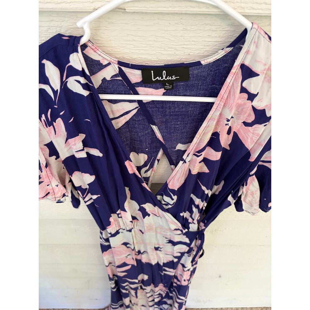Lulus Navy Blue & Blush Floral Wrap Maxi Dress – Size Large - Picture 5 of 9